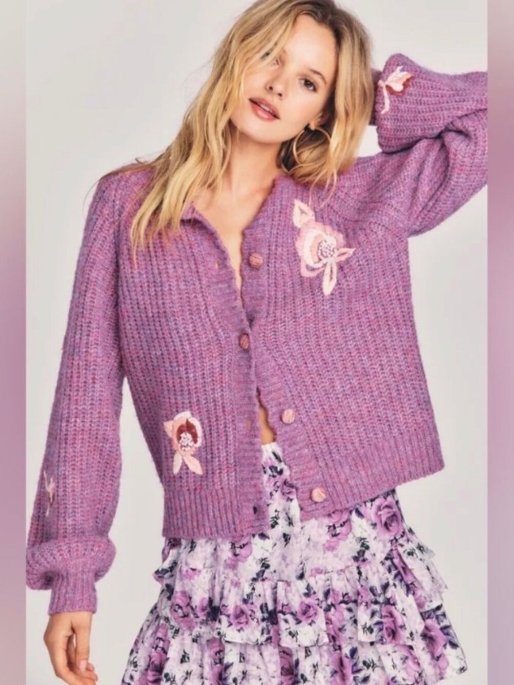 LoveShackFancy Brookie Cardican Sweater XS Floral Embroidered Knit Soft Girl